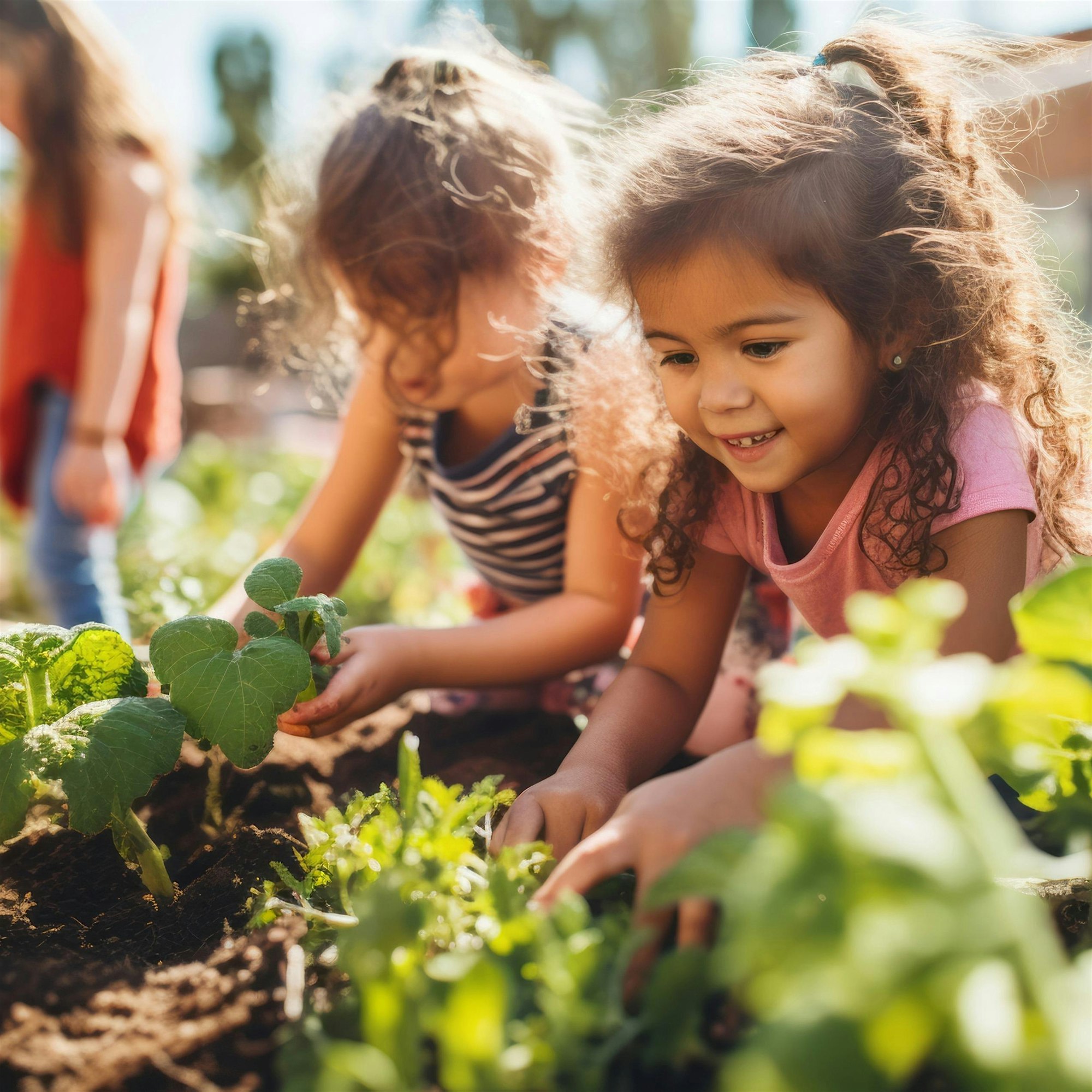 225bda9b49a35fc285c515624187e493 - PARENTGUIDENEWS Two children planting leafy greens in a garden bed, hands in soil.