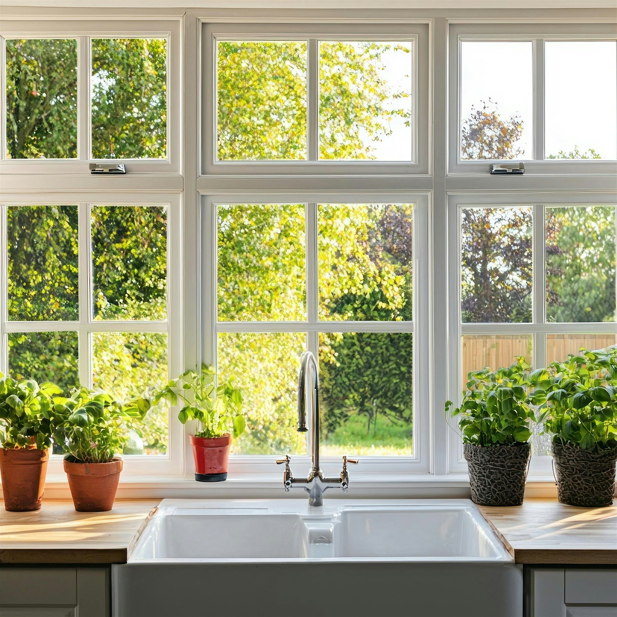 Kitchen sink with a chrome faucet and several potted plants on the sill, view of a bright window and green foliage outside