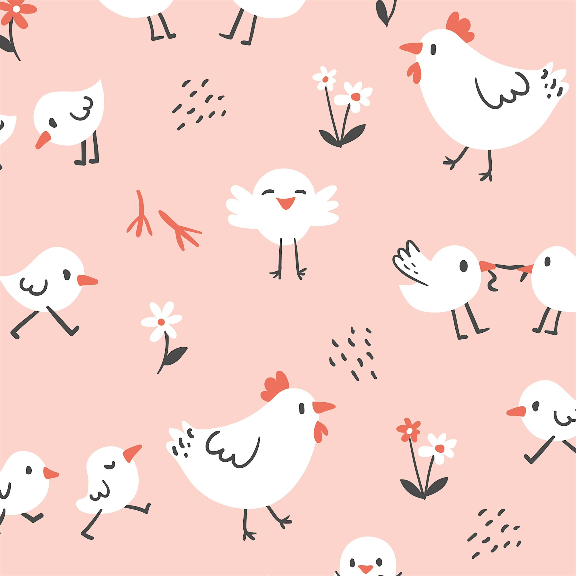 Decorative pattern of white chickens and flowers on a pink background.
