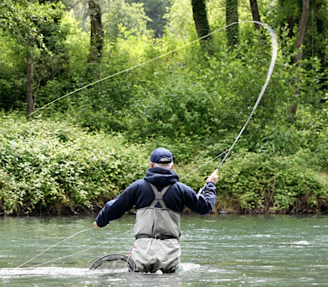 Person wearing waders stands in a river, casting a fishing line into a lush, green forested bank.