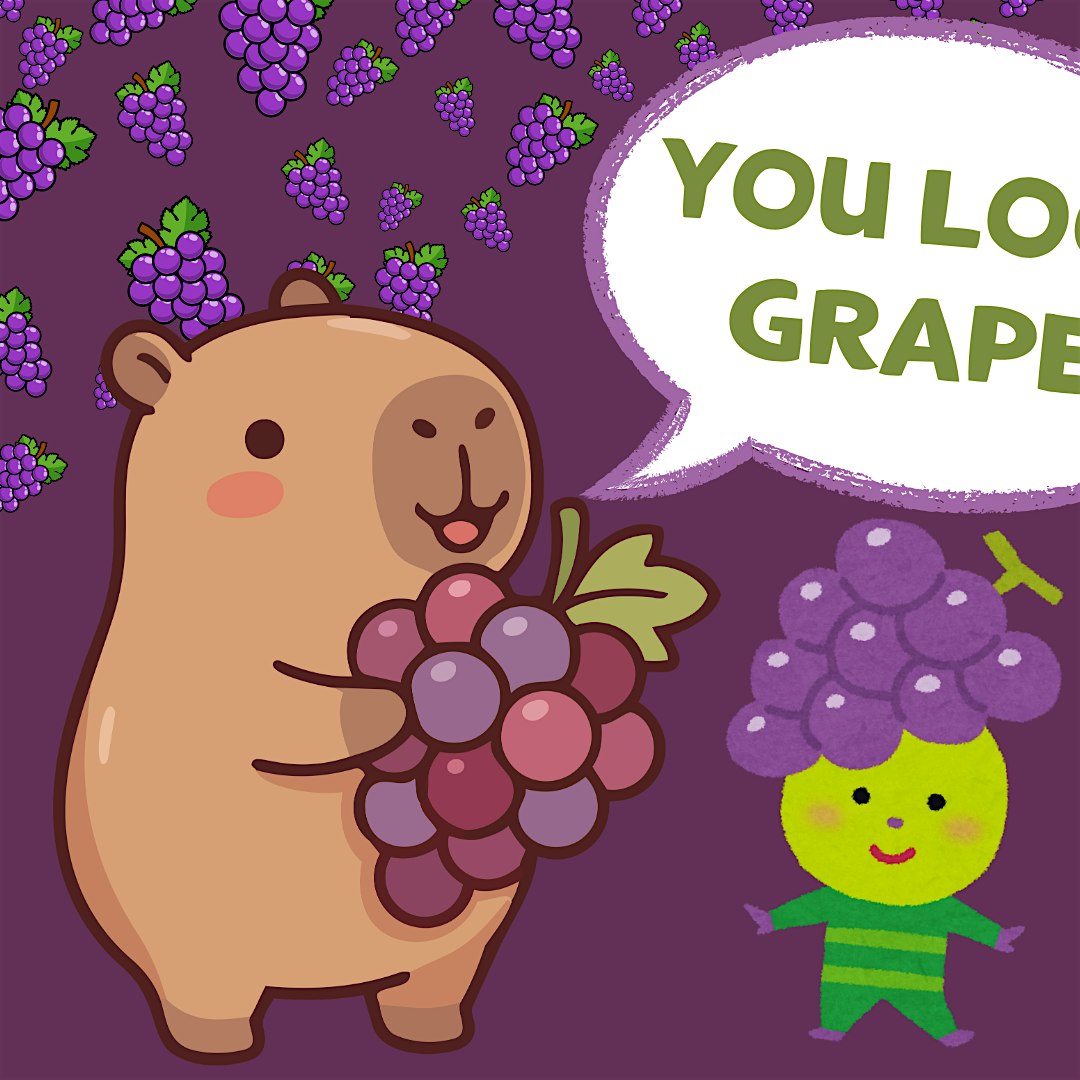 Cute cartoon bear holding a bunch of grapes against a purple background, with a speech bubble reading 'YOU LOVE GRAPES' (partial).