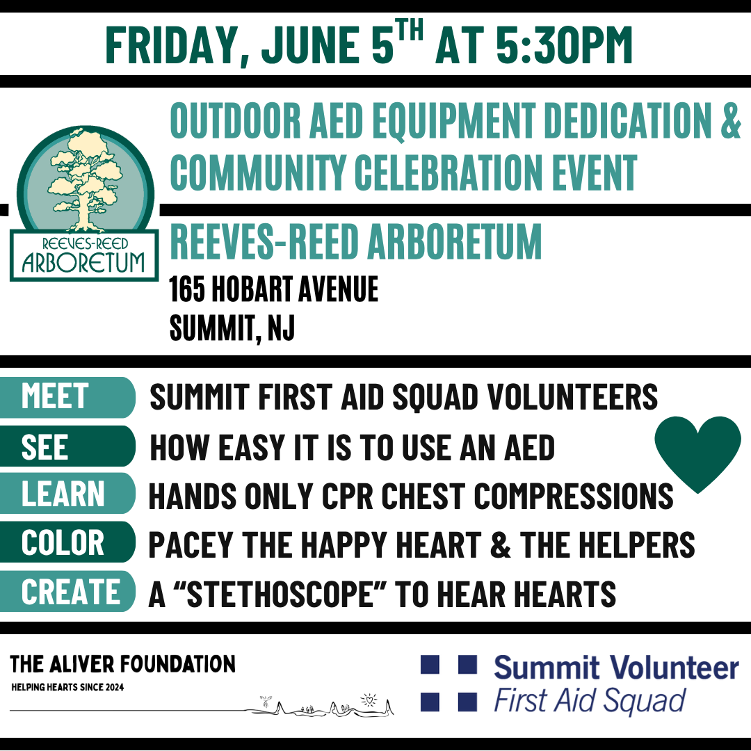 Banner for Outdoor AED Equipment Dedication & Community Celebration at Reeves-Reed Arboretum, Summit, NJ, Friday June 5th at 5:30 PM.