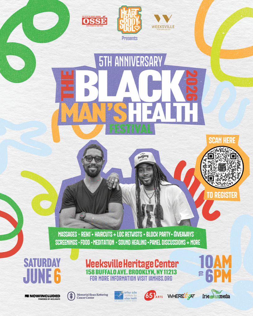 Poster advertising The Black Man's Health Festival 2026 (5th anniversary) with two men in front, a QR code for registration, and sponsor logos in the top area.
