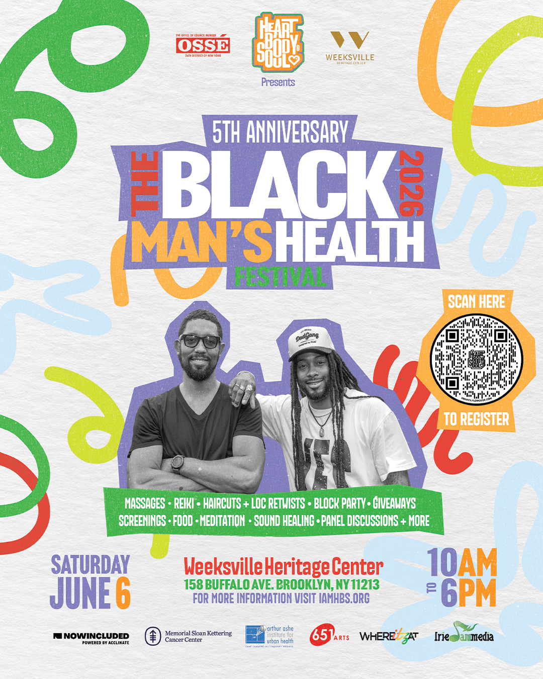 Poster advertising The Black Man's Health Festival 2026 (5th anniversary) with two men in front, a QR code for registration, and sponsor logos in the top area.