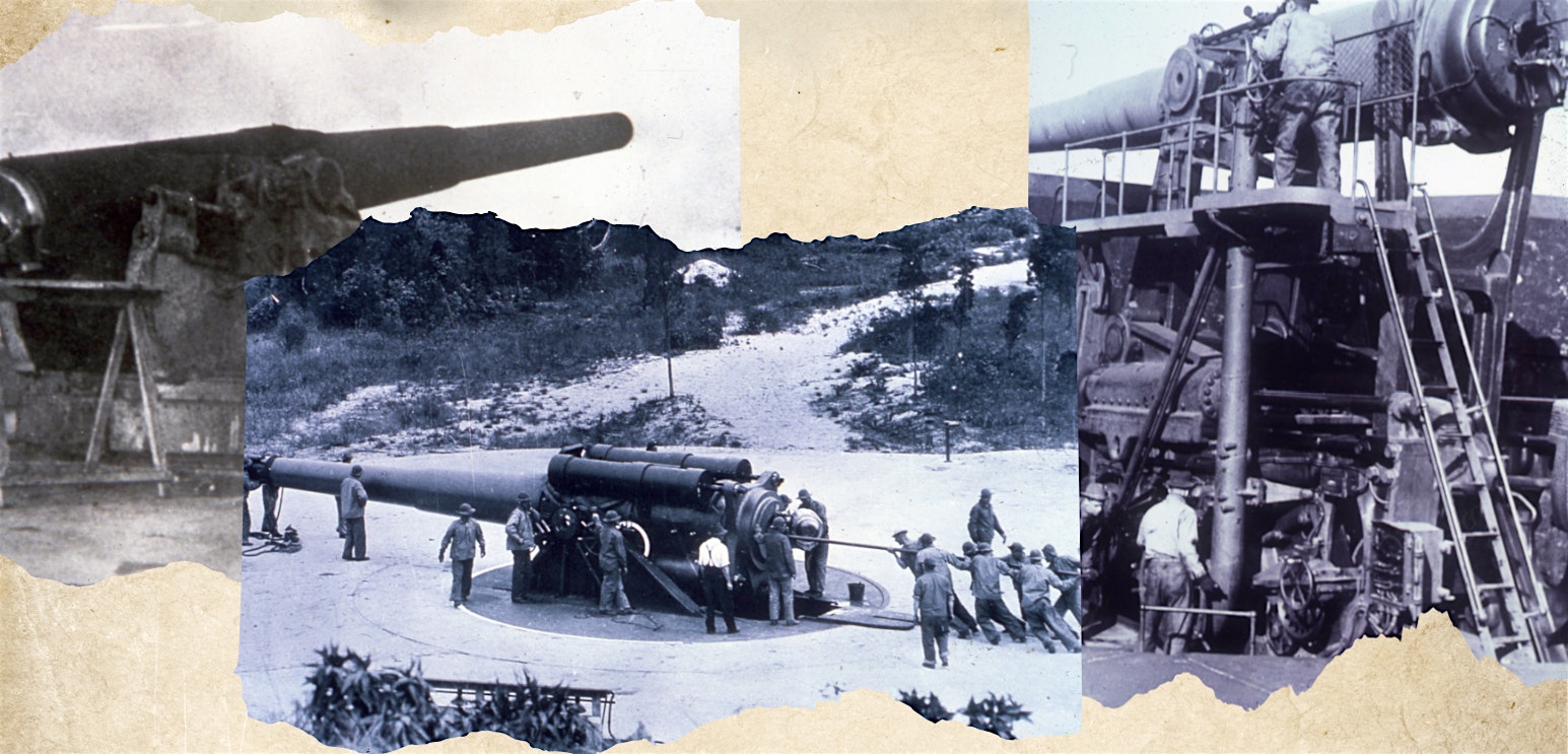 Collage of a large artillery gun with crew loading and operating it, plus machinery in the background.