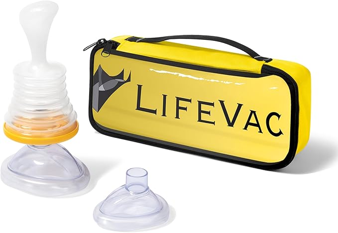 LifeVac emergency choking device with a yellow case, white plunger assembly, and two detachable masks for adults and infants.