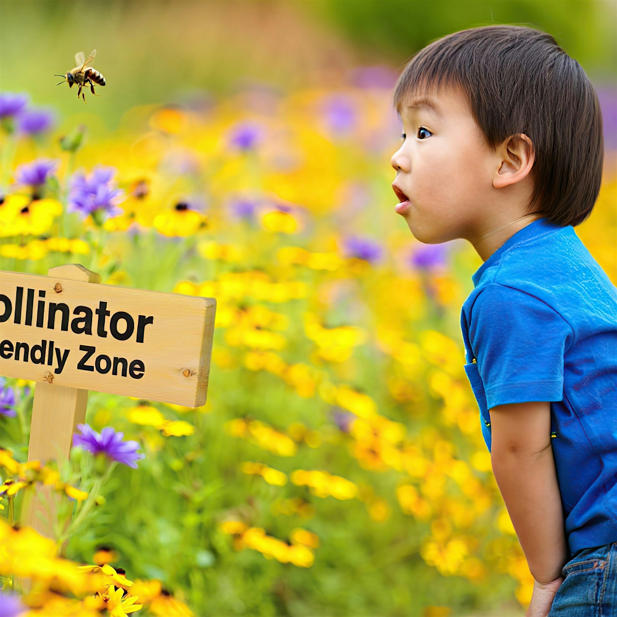 Young child in a blue shirt watches a bee hovering near yellow and purple flowers in a garden.