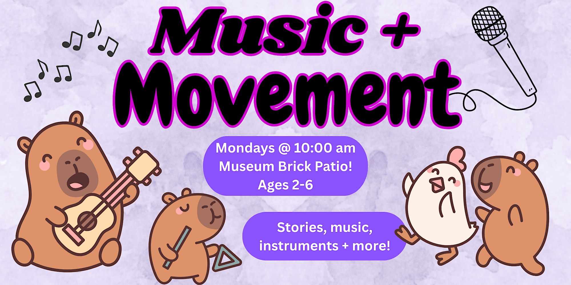 Banner for a 'Music + Movement' class with cartoon bears playing guitar and singing, and a microphone on a lavender background, for ages 2–6 (informational).