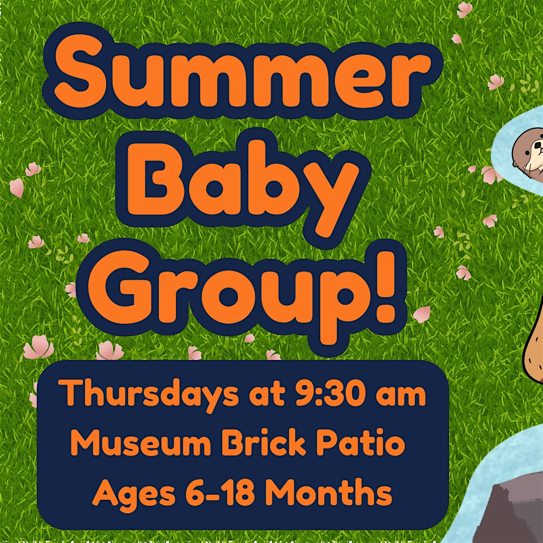 Poster for a Summer Baby Group: Thursdays at 9:30 am at Museum Brick Patio for babies 6–18 months.