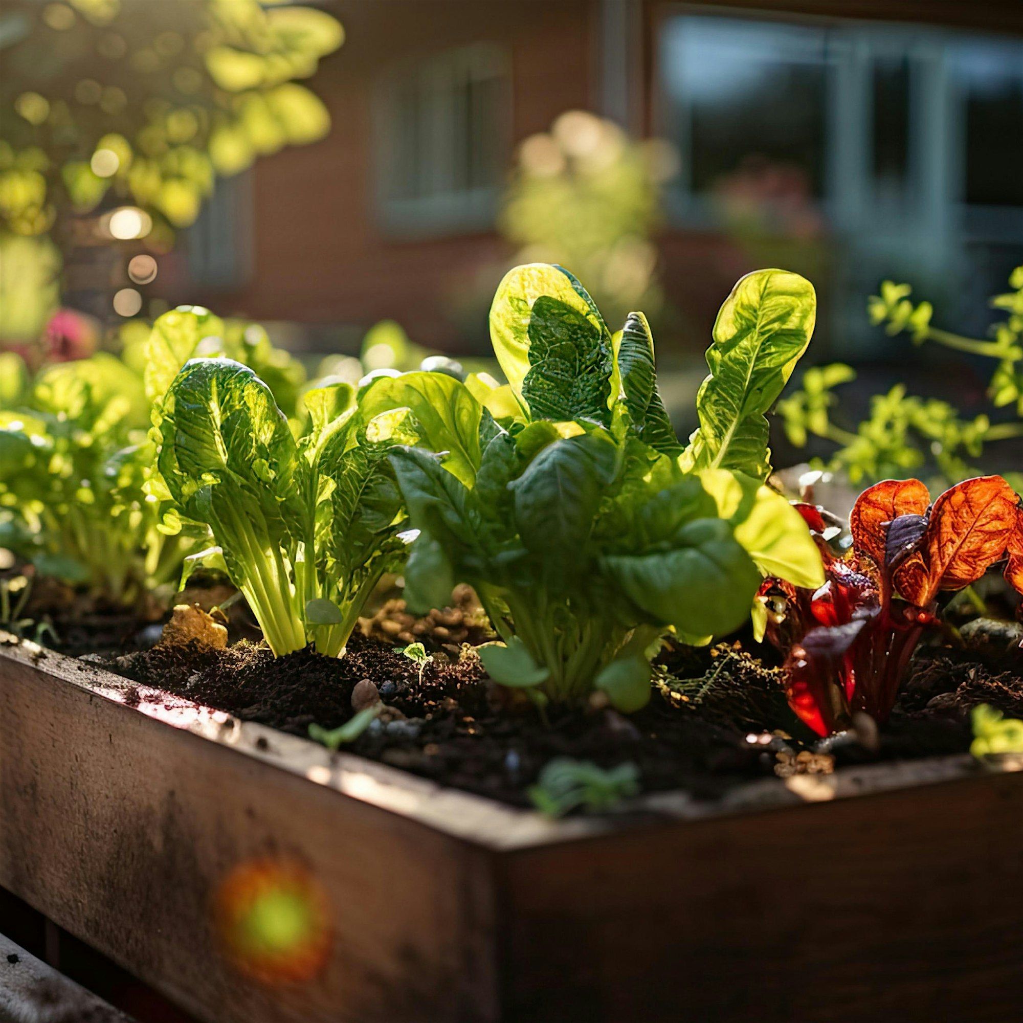 Close-up of green lettuce leaves growing in a raised garden bed with a blurred house in the background, sunlit.