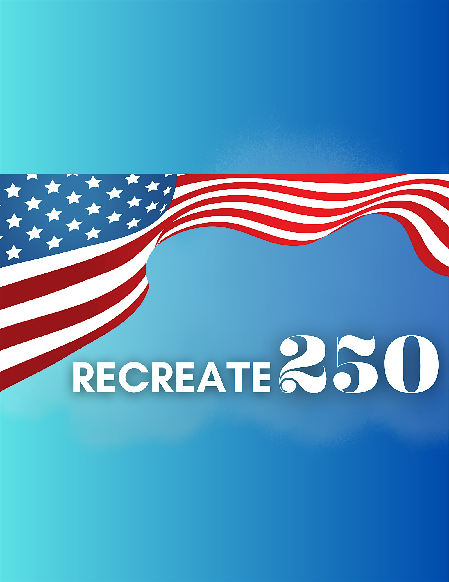 Blue gradient background with a waving American flag ribbon across the lower portion, featuring stars on the left and red-and-white stripes sweeping rightward.