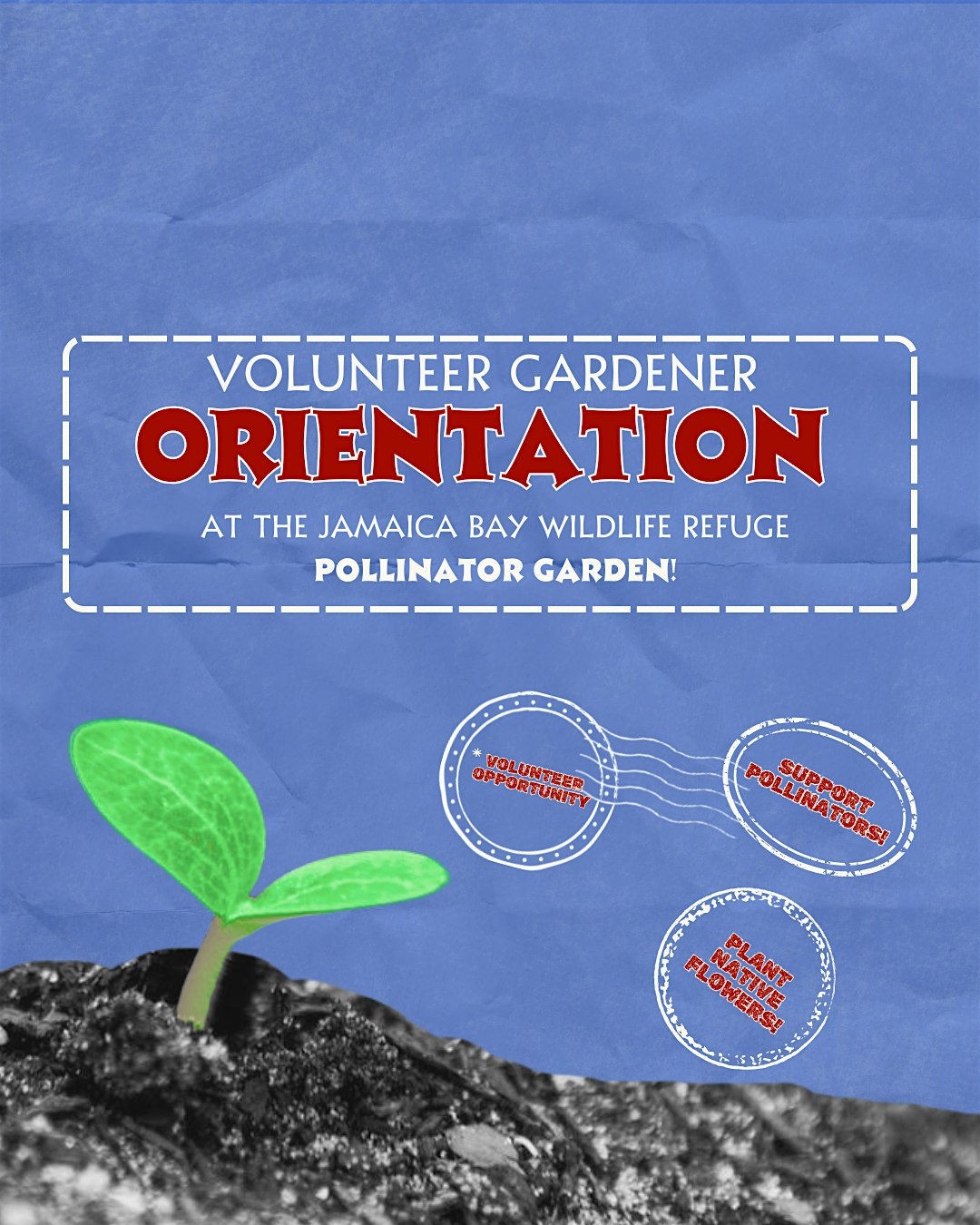 Poster for Volunteer Gardener Orientation at Jamaica Bay Wildlife Refuge's Pollinator Garden; sprouting plant on soil with blue background and stamped messages about opportunities and pollinators.