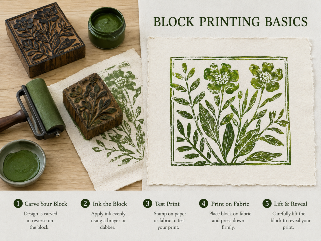 block-printing-101-Slq1lH - PARENTGUIDENEWS Overview of block printing setup with carved blocks, green ink, and a printed floral design labeled BLOCK PRINTING BASICS.