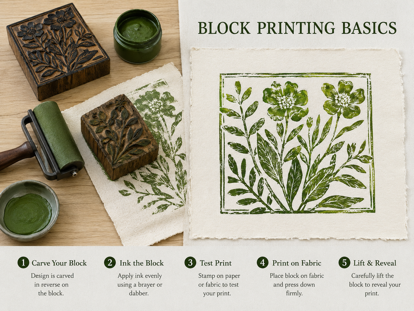 block-printing-101-Slq1lH - PARENTGUIDENEWS Overview of block printing setup with carved blocks, green ink, and a printed floral design labeled BLOCK PRINTING BASICS.