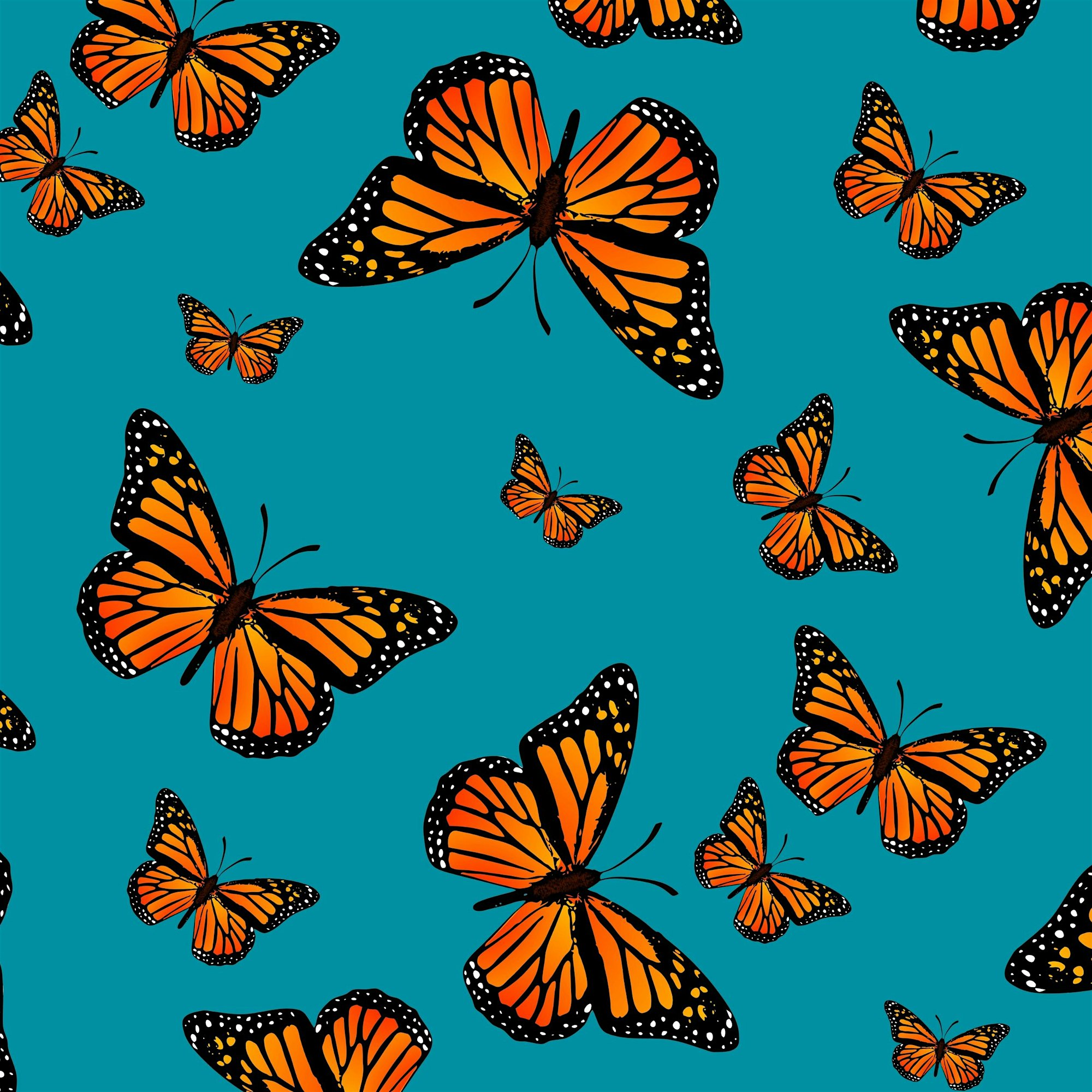 Pattern of orange and black monarch butterflies in flight on a teal background.