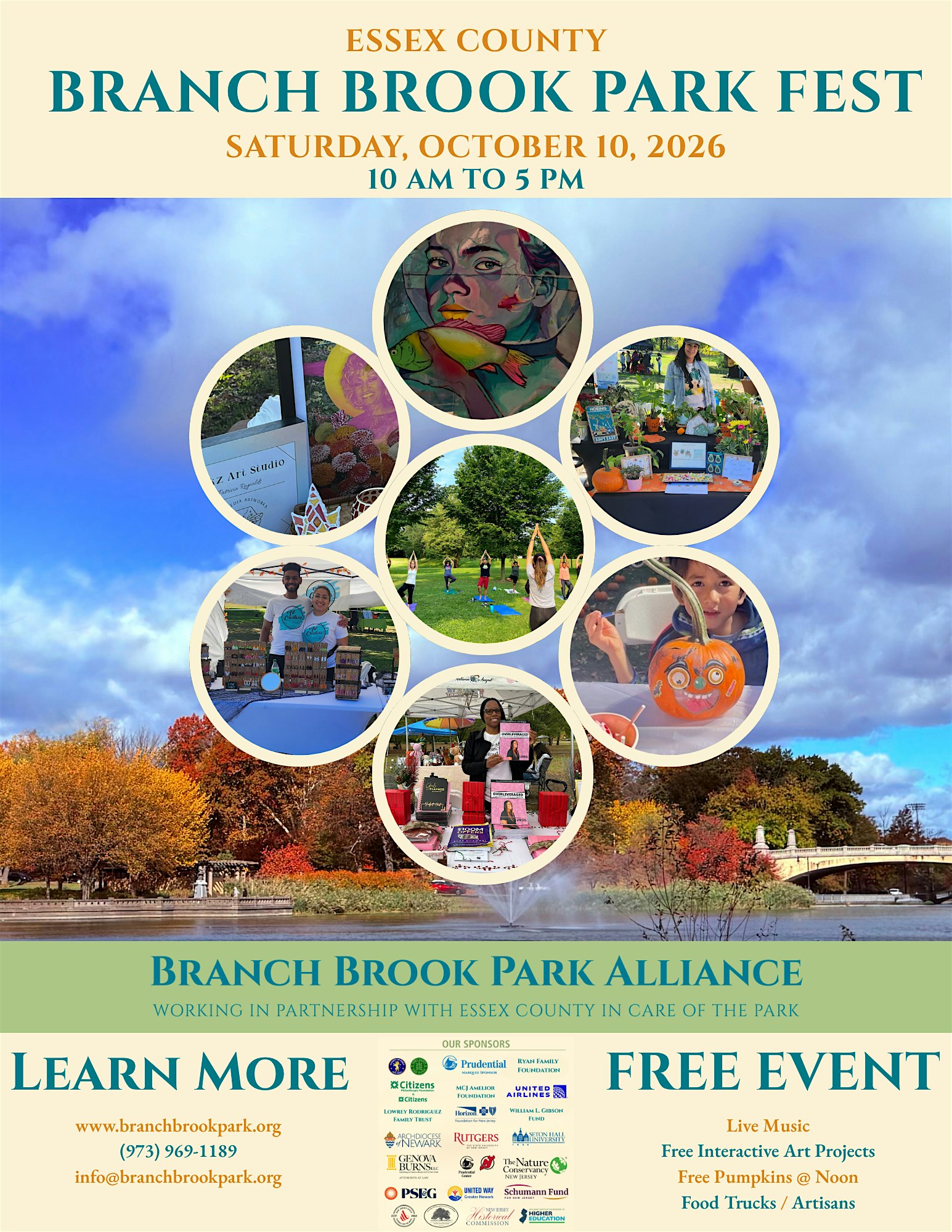 Poster for Essex County Branch Brook Park Fest with date and time, featuring a circular photo collage on a blue sky background.