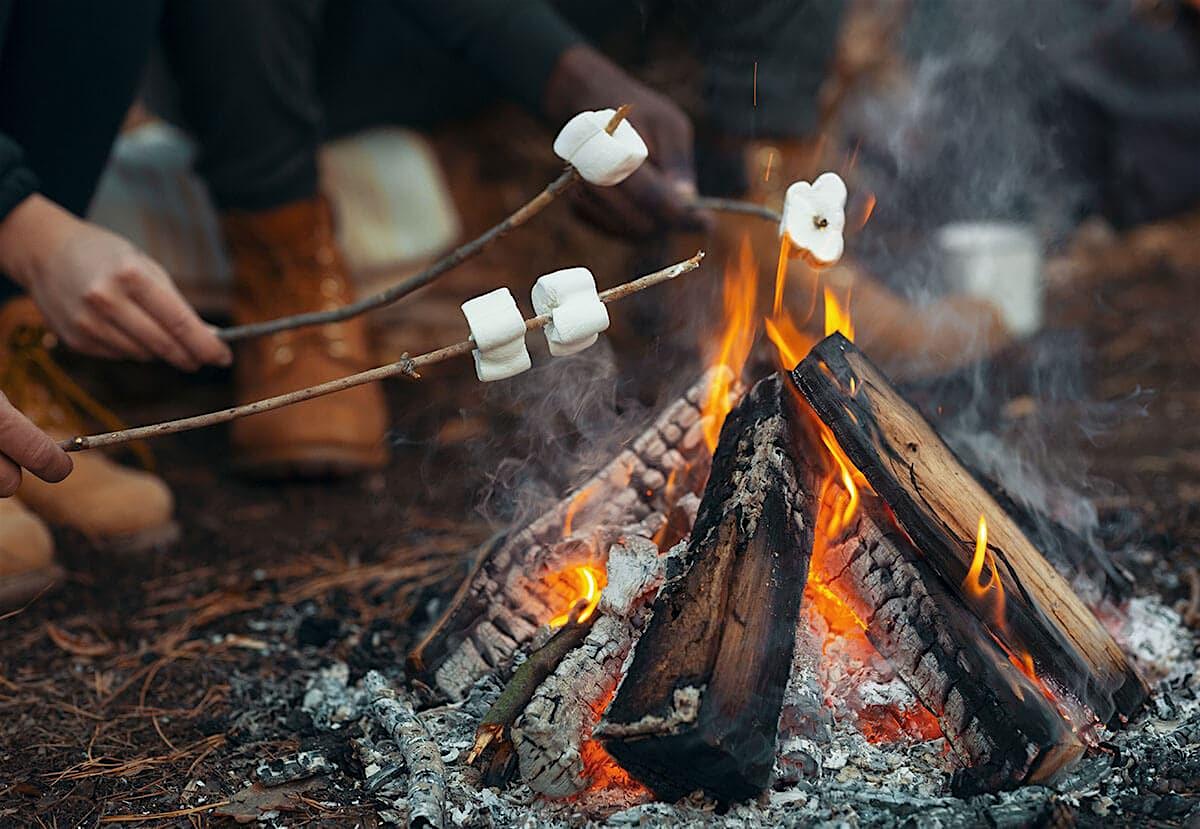 5b52c05f6d12bd3c22fce0f2eb1965df - PARENTGUIDENEWS People toasting marshmallows on sticks over a campfire in a wooded outdoor setting.
