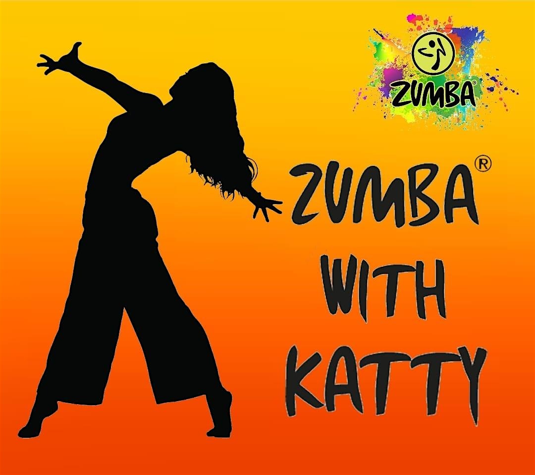 Black silhouette of a Zumba dancer with arms outstretched against a yellow-to-orange gradient background, text reads 'ZUMBA WITH KATTY' (sic) and colorful Zumba logo in the corner.