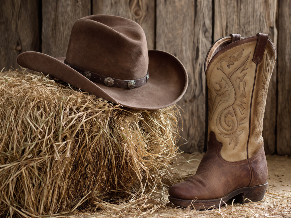 Country-Fest-graphic-SzjXlG - PARENTGUIDENEWS Brown cowboy hat with a leather band rests on a hay bale beside a tan cowboy boot with decorative stitching.