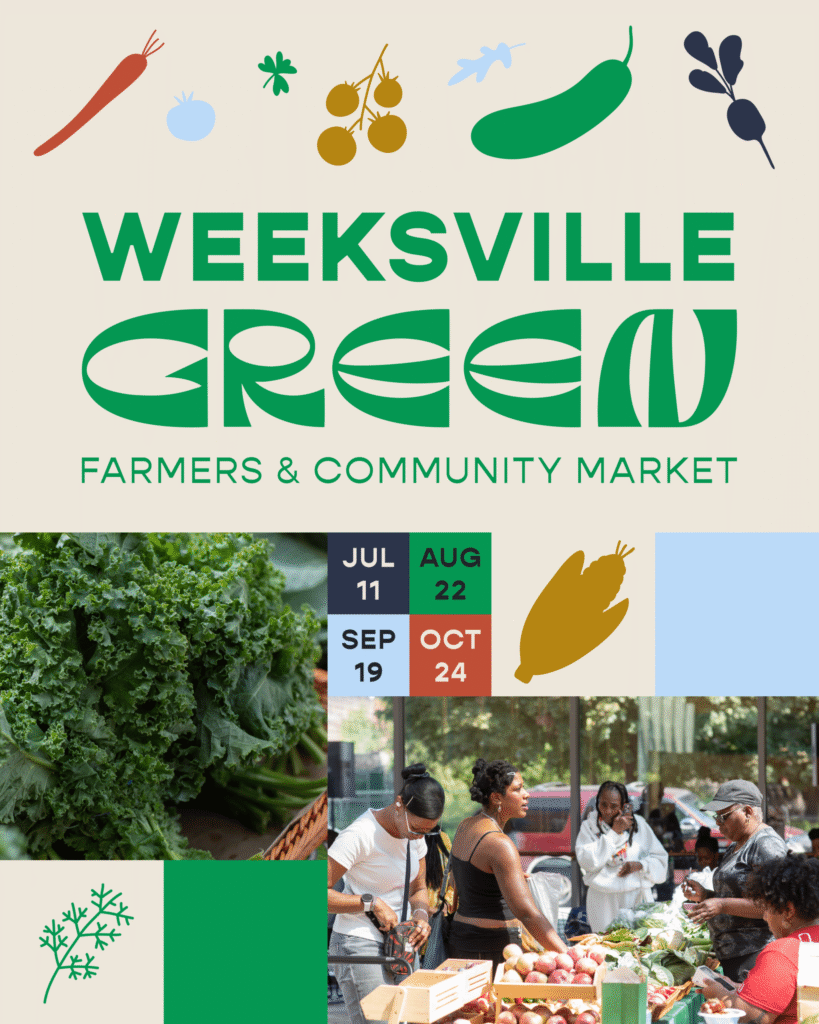 WHC_Greenmarket_June2026_1080x1350_IG-Post-Newsletter_Flyer_1_20260623-scaled-Trnszs - PARENTGUIDENEWS Banner for WeeksVille Green Farmers & Community Market with large green text and vegetable icons (carrot, tomato, herbs, leafy greens) above.