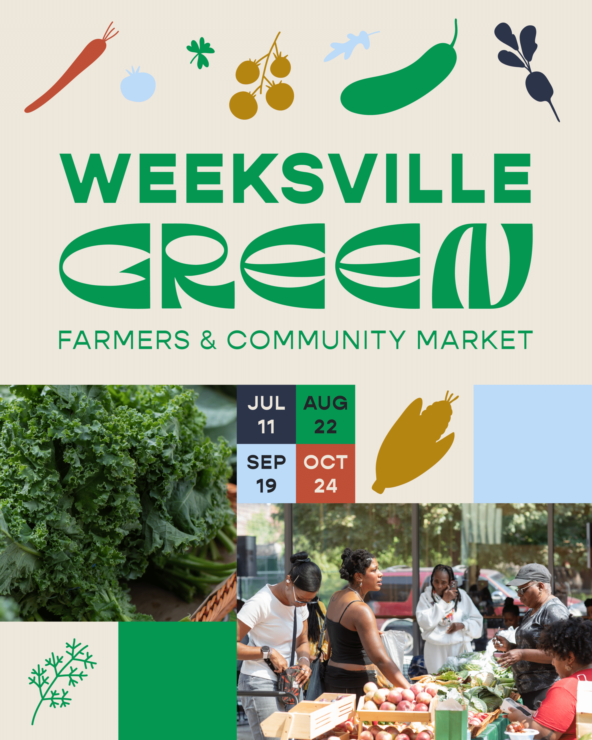 Banner for WeeksVille Green Farmers & Community Market with large green text and vegetable icons (carrot, tomato, herbs, leafy greens) above.
