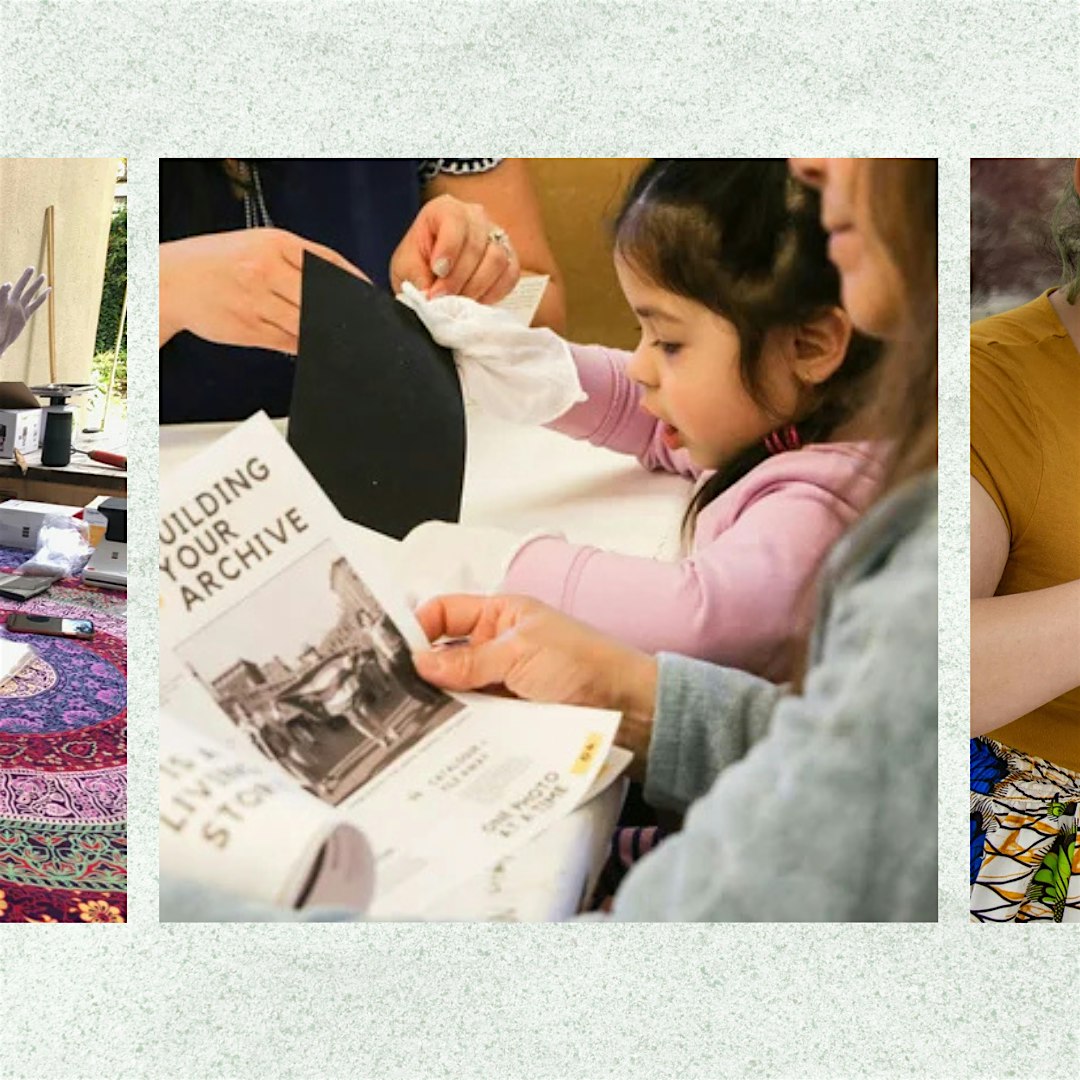 Child in pink looks at a booklet titled 'Building Your Archive' as an adult assists nearby.