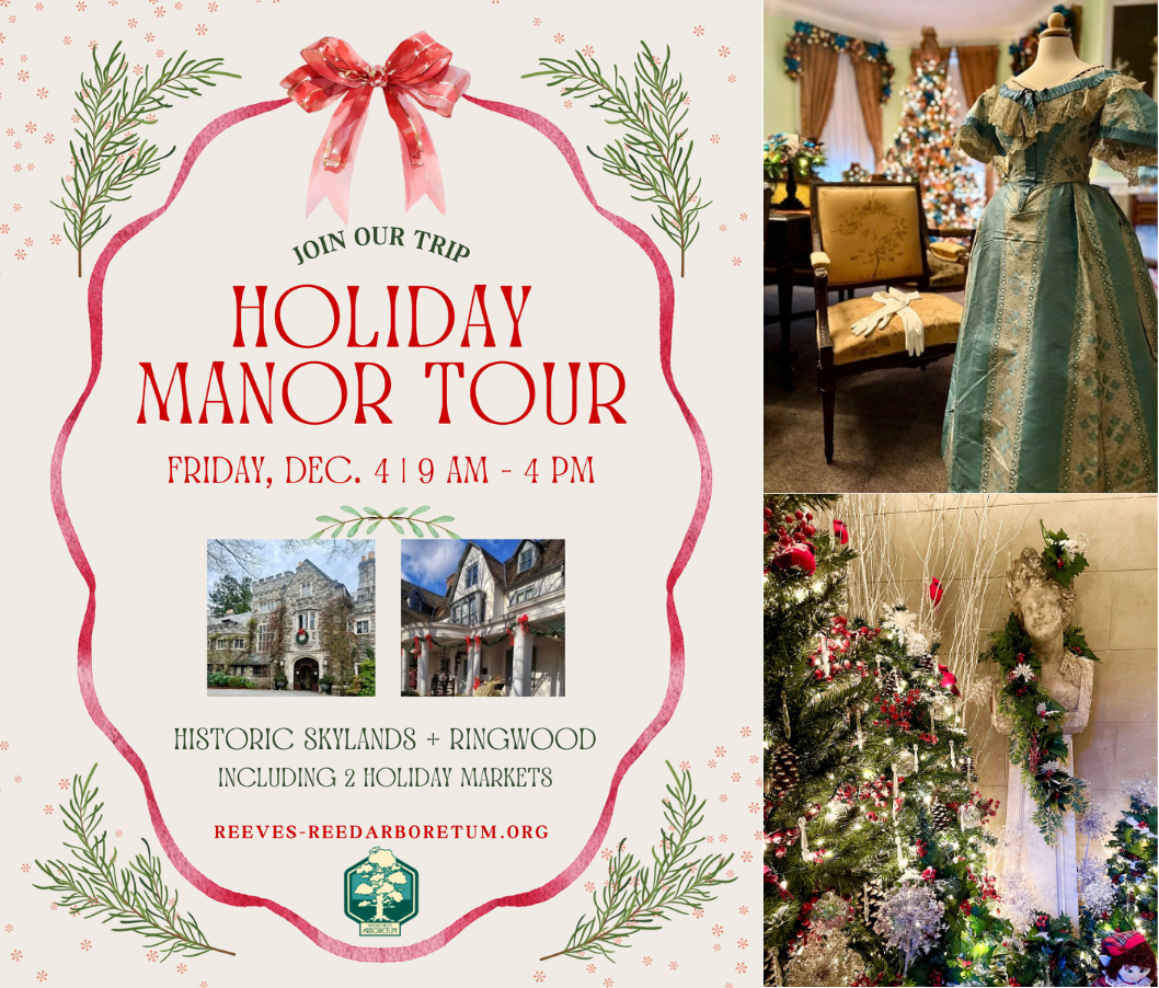 Poster for Holiday Manor Tour with decorative pink frame and ribbon, listing date and locations; side photos show manor buildings and holiday decor in sets.