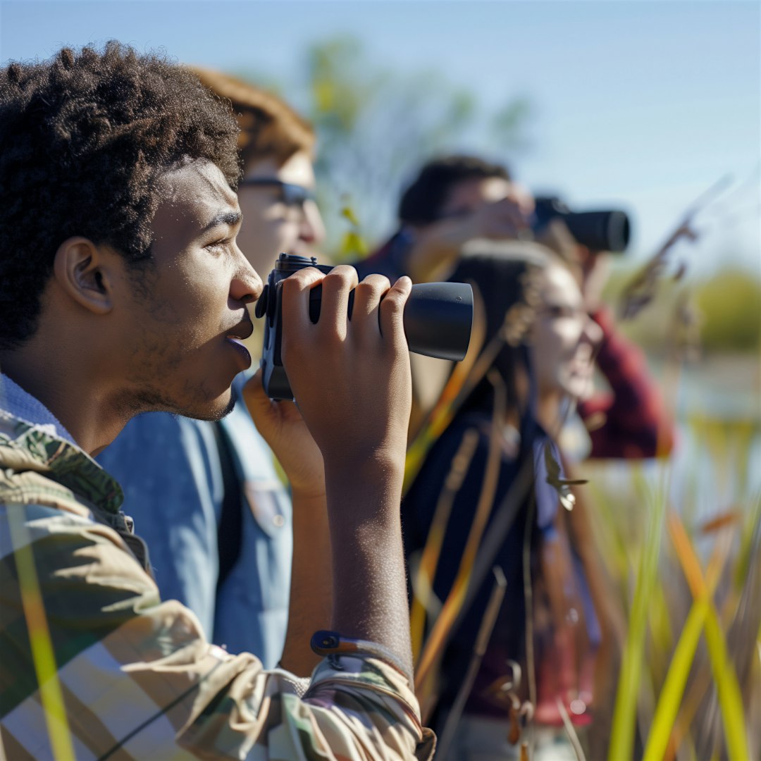 Group of people lined up outdoors, each using binoculars to look at something in the distance. Birdwatching or field observation scene.