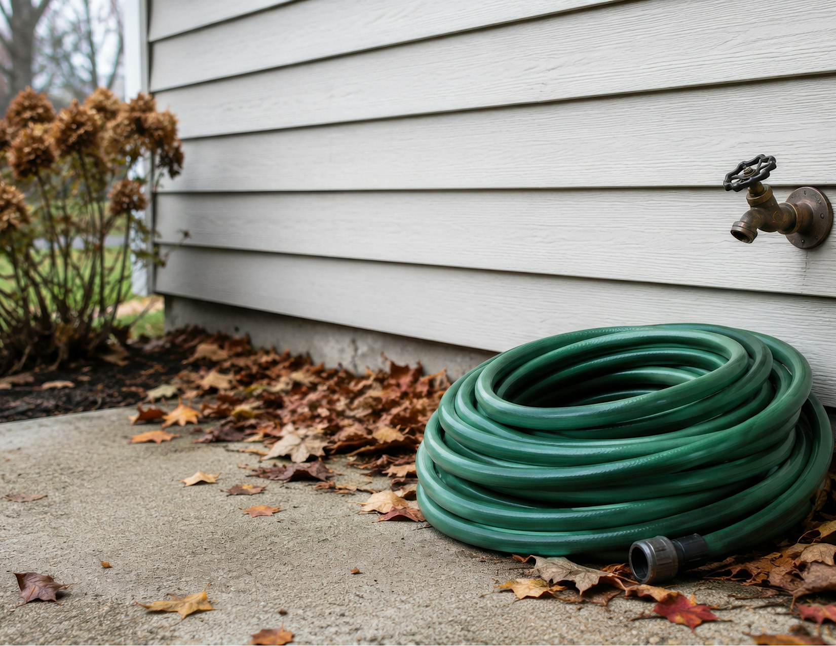 cfad5033dfaa2d9b7655eef48665d087 - PARENTGUIDENEWS Green garden hose coiled near the exterior wall with a faucet above, autumn leaves scattered on a concrete patio.