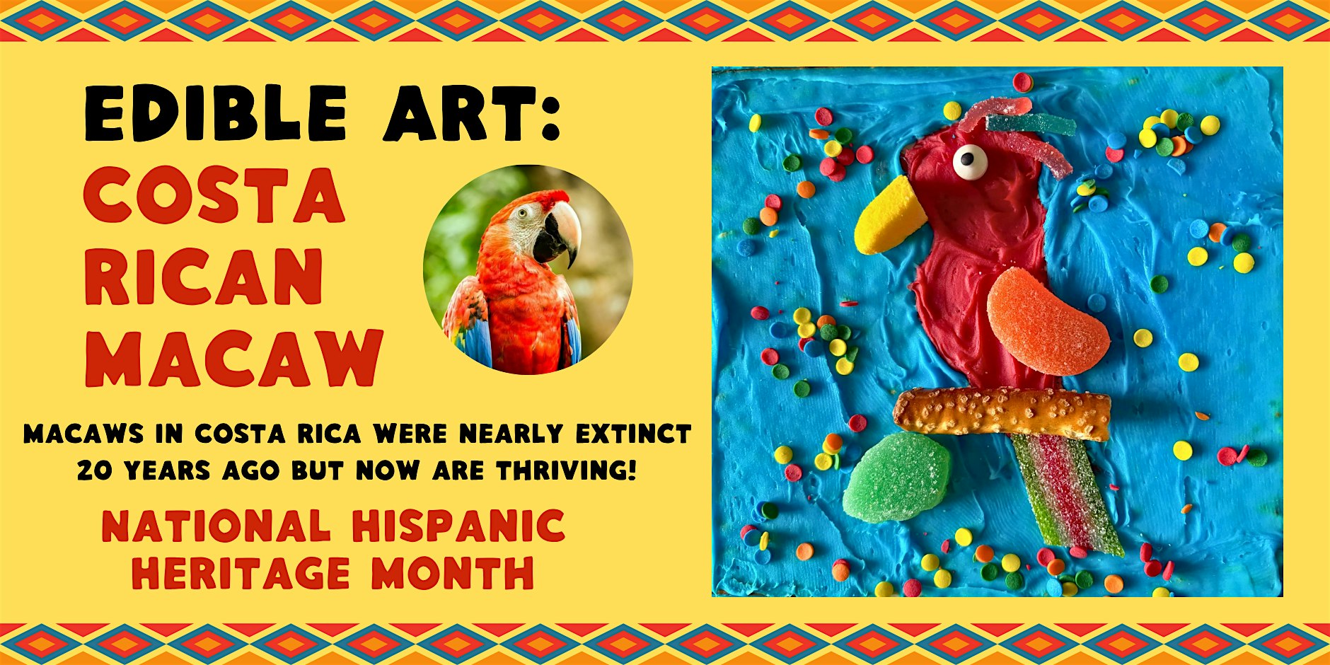 Bright poster advertising edible art featuring a Costa Rican macaw and a blue candy sculpture of a macaw on a yellow background with a colorful border.