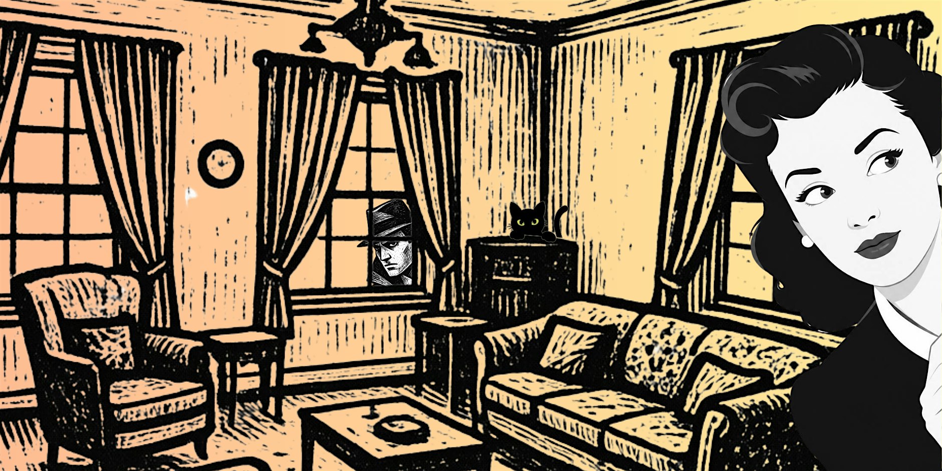 Pop-art illustration of a retro living room with heavy drapes, a black cat on a cabinet, and a partial portrait of a woman on the right edge.