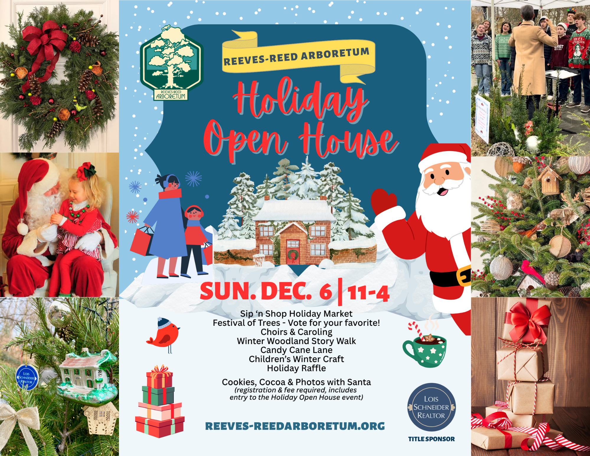 Center poster reads 'Holiday Open House' with festive graphics and snow; event details below (tree, Santa, gifts)